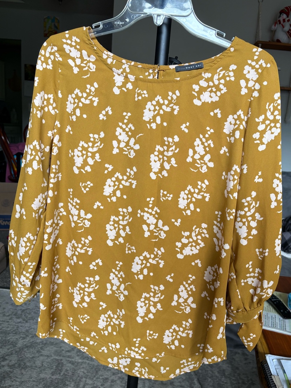 West Kei Mustard Floral Boatneck Blouse with White Print